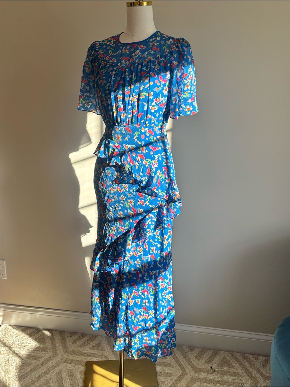 SALONI Blue Floral 100% Silk Ruffle Maxi Dress US 6